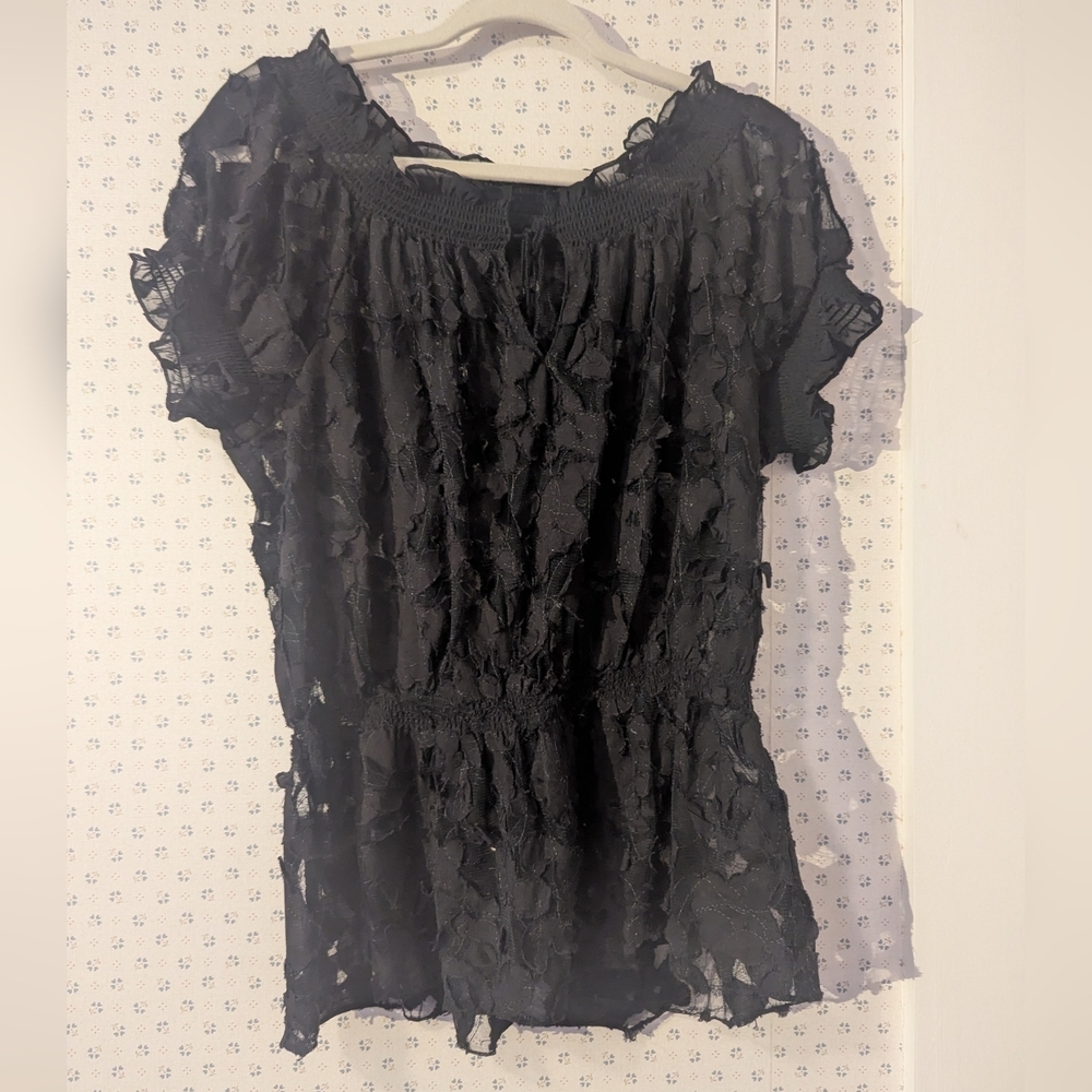 Unconventional Lace Top Large Smocked Waist Crochet Tie Gathered Feminine Goth